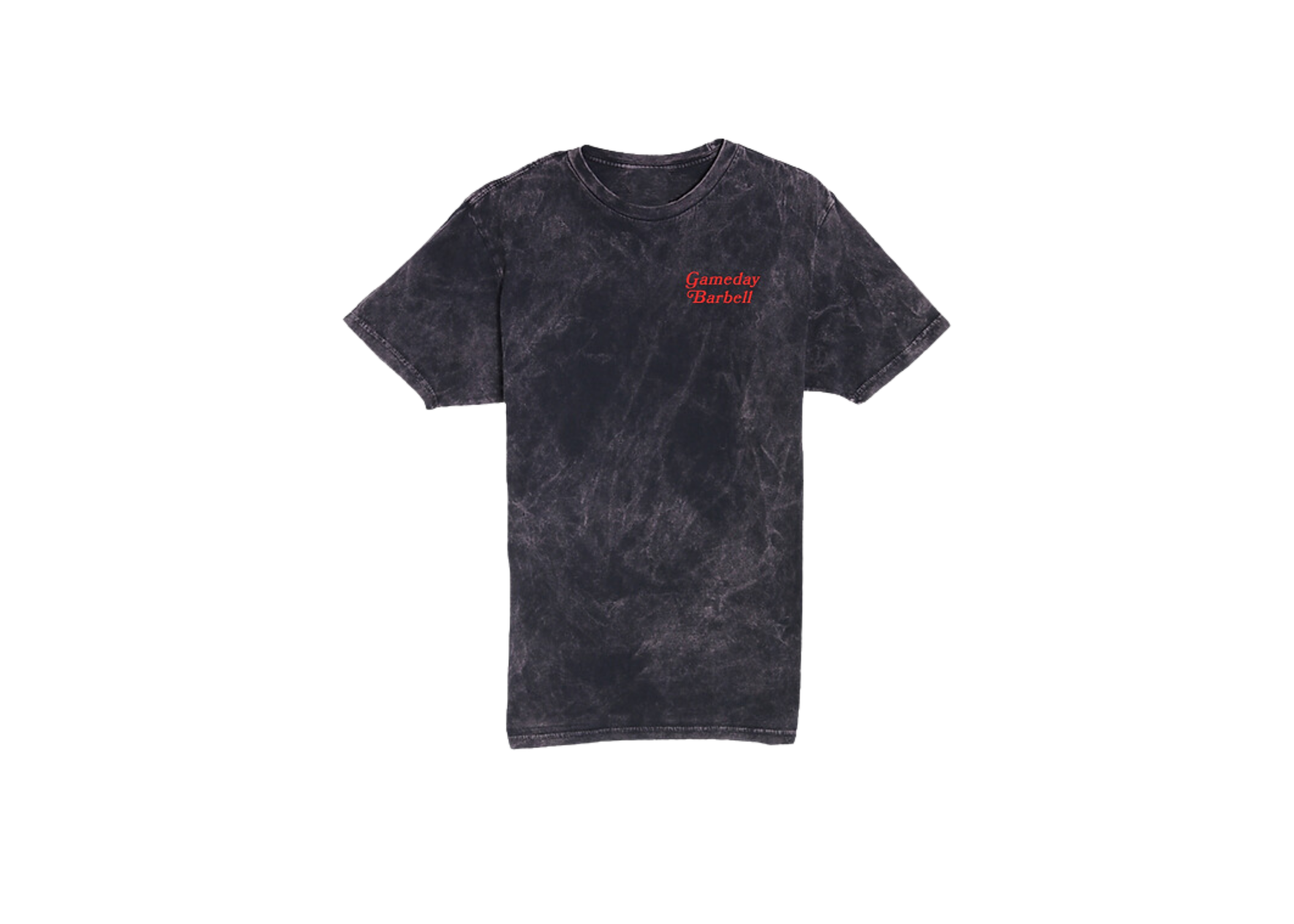 t shirt mockup of a grunge tie dye shirt that is black and grey with red writing on the pocket that says Gameday Barbell