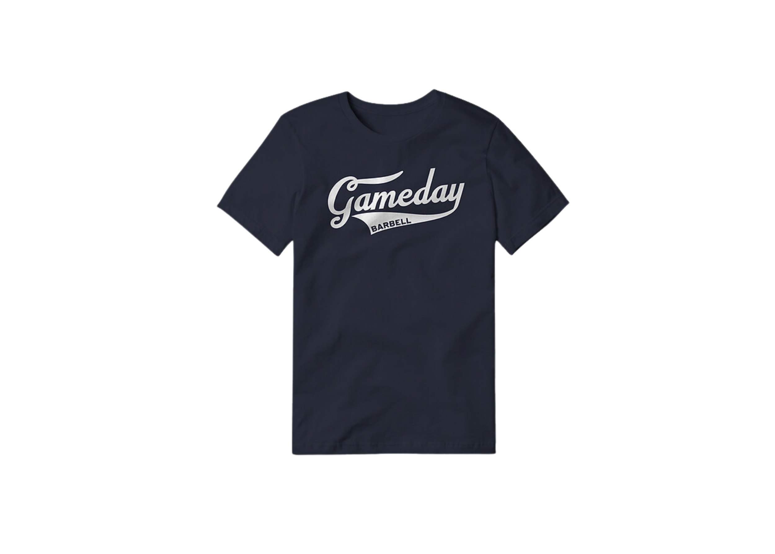 t shirt mockup for gameday barbell. Navy t shirt with white writing saying Gameday Barbell